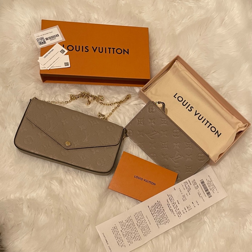 Authentic Louis Vuitton FÉLICIE POCHETTE in color “Turtledove”